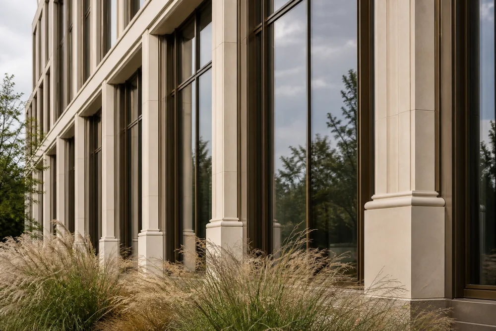 Illustrative detail of stone columns and bronze-framed commercial windows